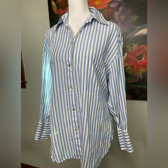VINCE Riveria Blue Stripe Oversized Shirt Sz XS Tie Waist Retail 295 Coastal - Picture 4 of 11